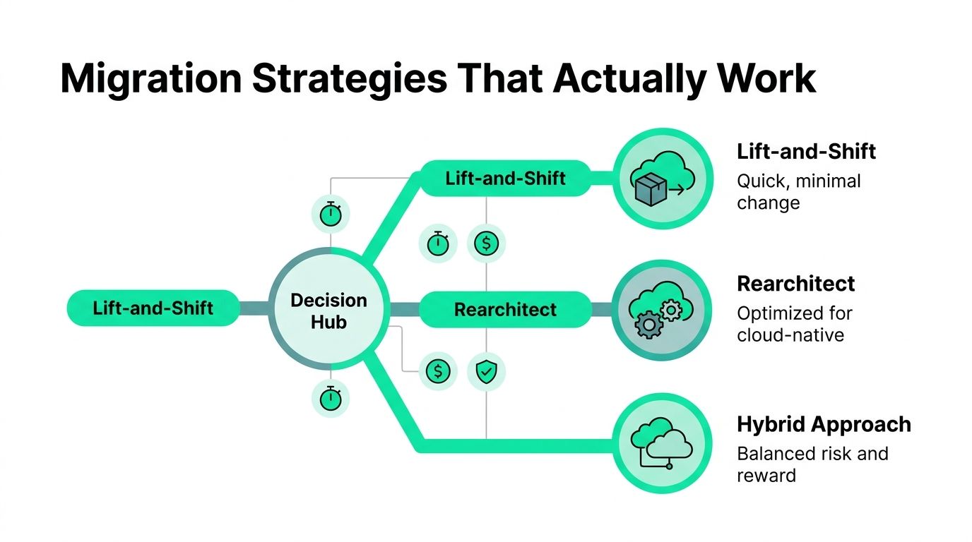 A diagram illustrating three cloud migration strategies: Lift-and-Shift, Rearchitect, and Hybrid Approach from a Decision Hub.