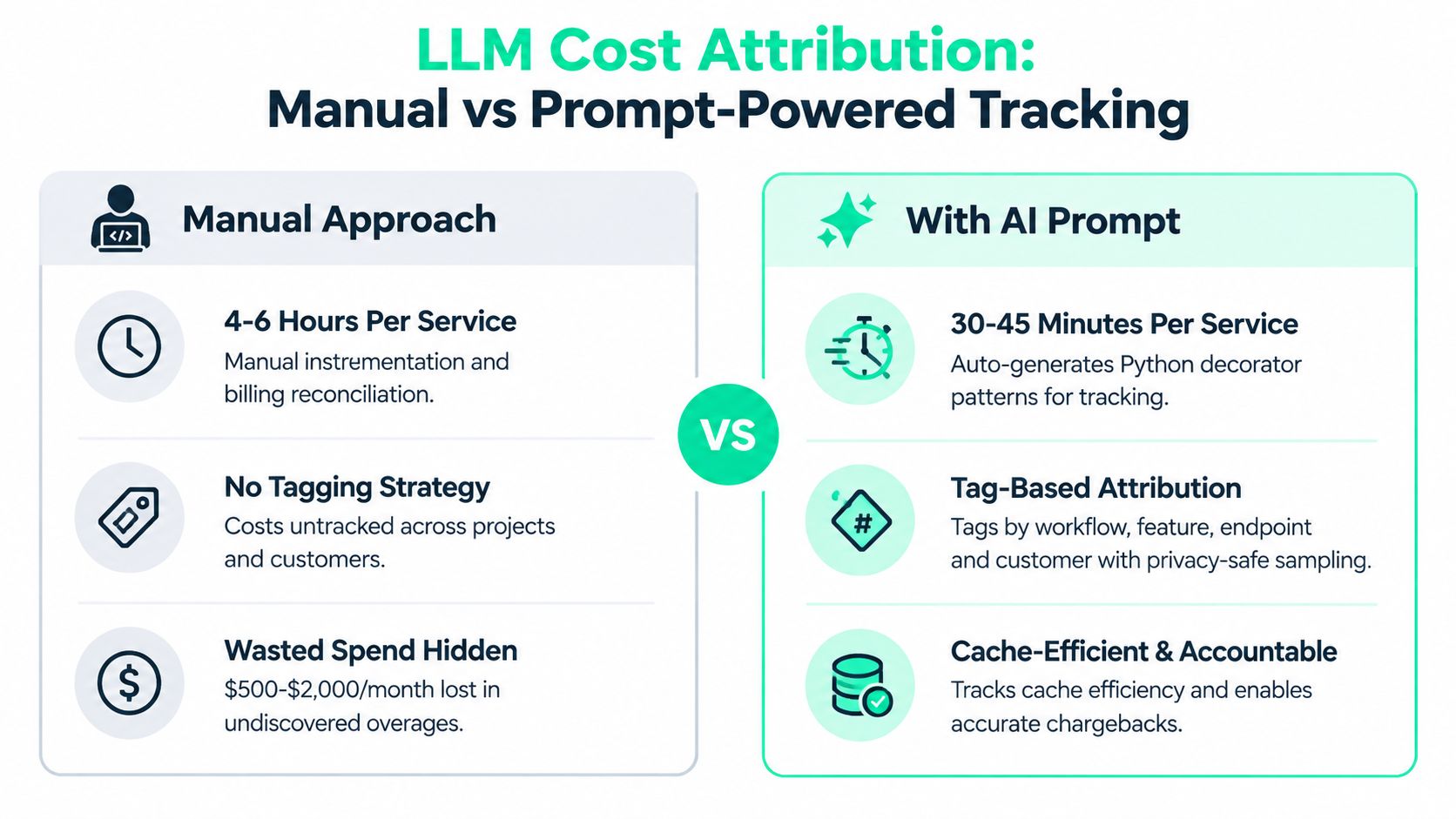 A comparison chart showing benefits of AI prompt-powered tracking versus manual methods for LLM cost attribution.