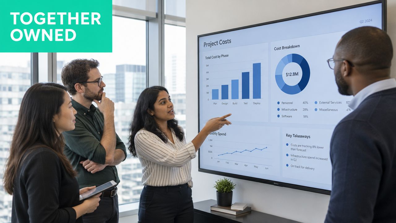 A diverse team of professionals analyzing financial data and cost charts on a large office digital screen.