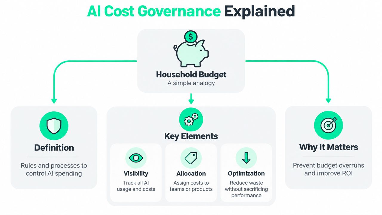 A diagram explaining AI cost governance, highlighting its definition, key elements, and importance for businesses.