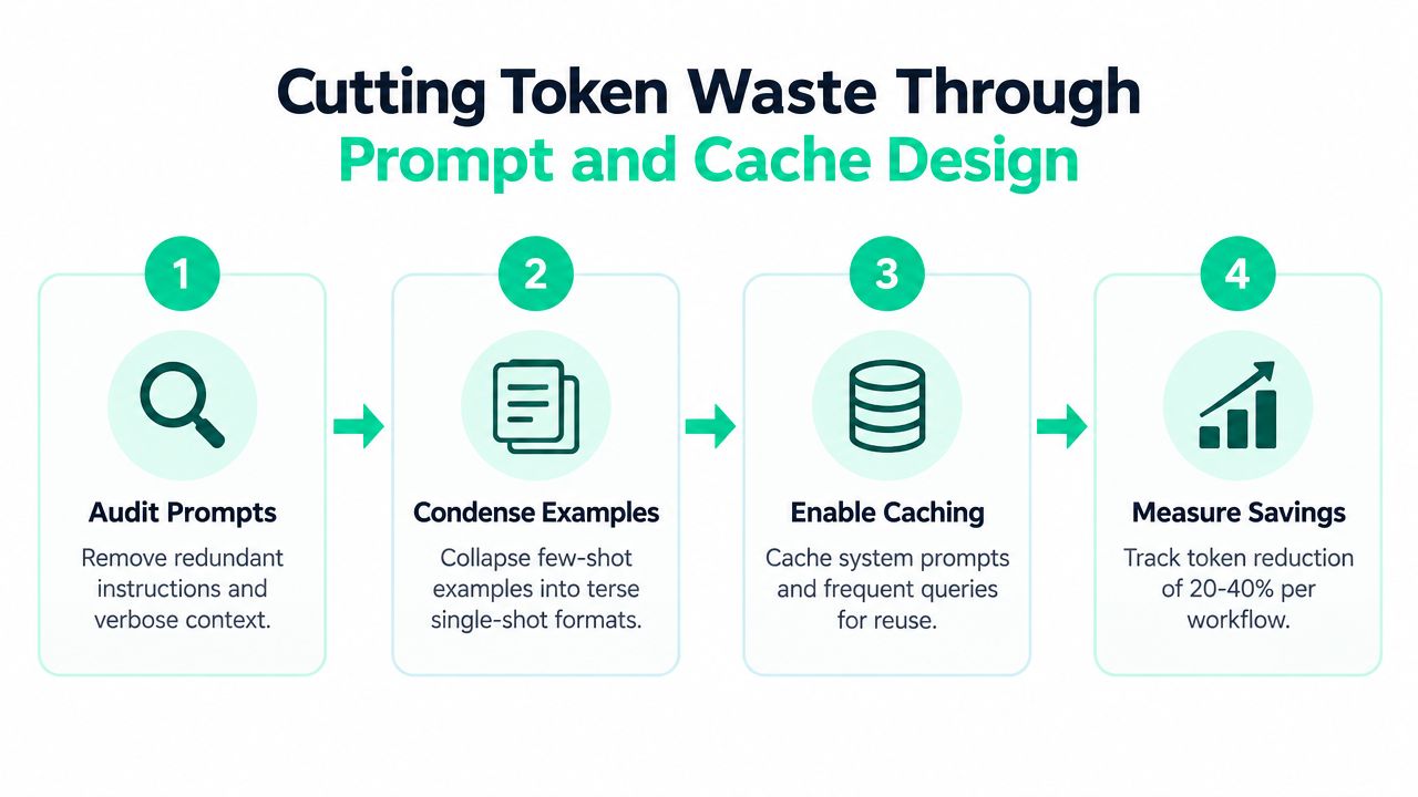 A four-step infographic illustrating methods to reduce token waste through prompt optimization and system caching techniques.