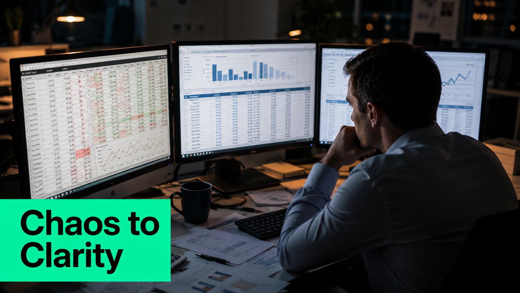 A professional analyzing financial data on multiple computer screens in a dark, quiet office at night.