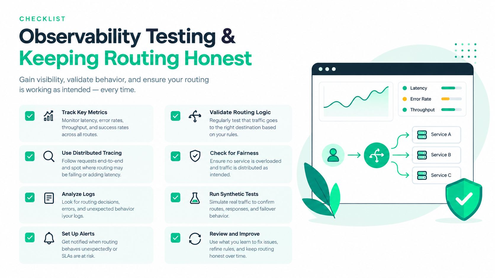 A checklist infographic illustrating best practices for monitoring observability, testing, and maintaining proper routing in service architectures.
