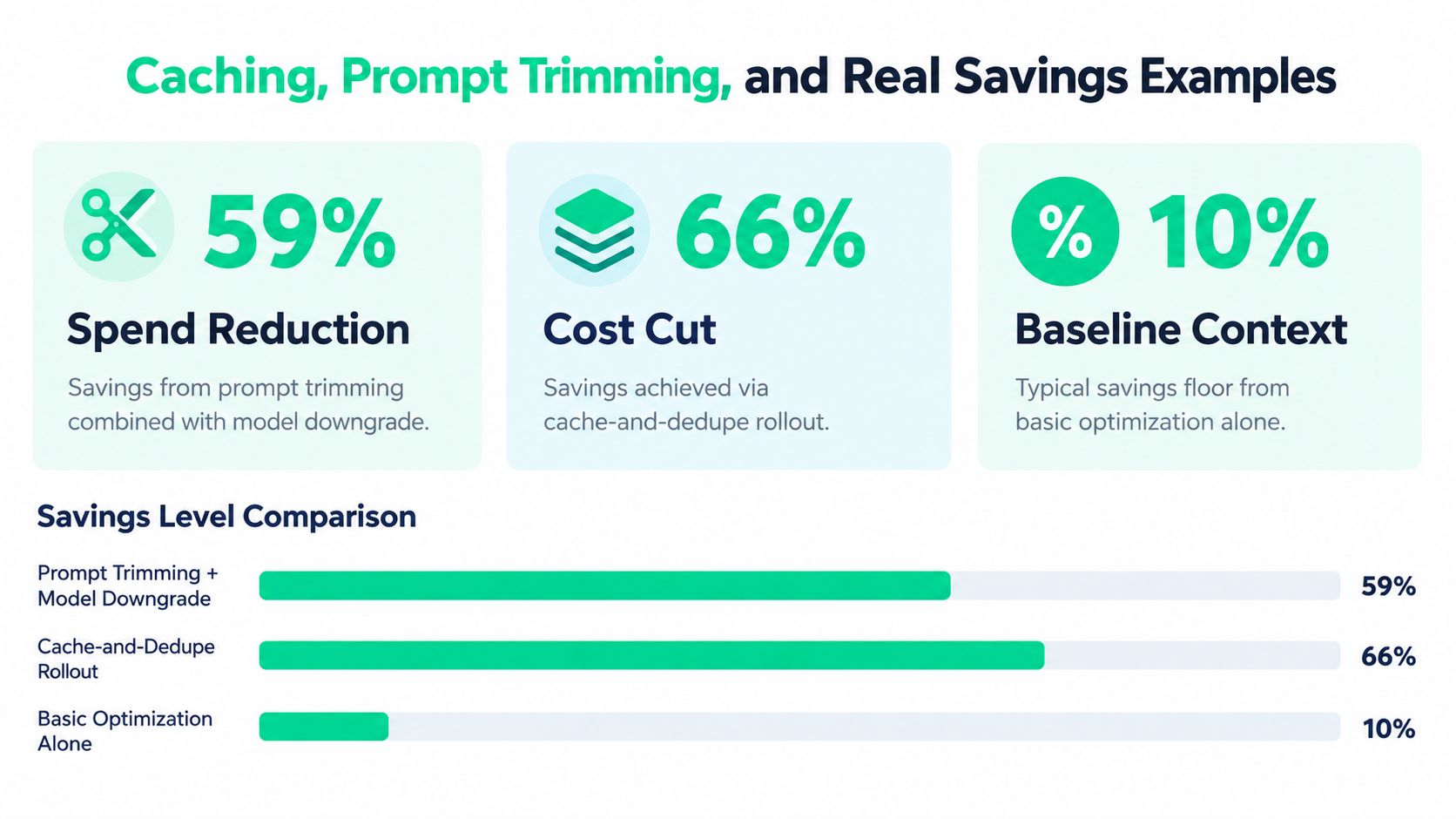 A chart showing savings percentages from prompt trimming, caching, and basic AI model cost optimization strategies.