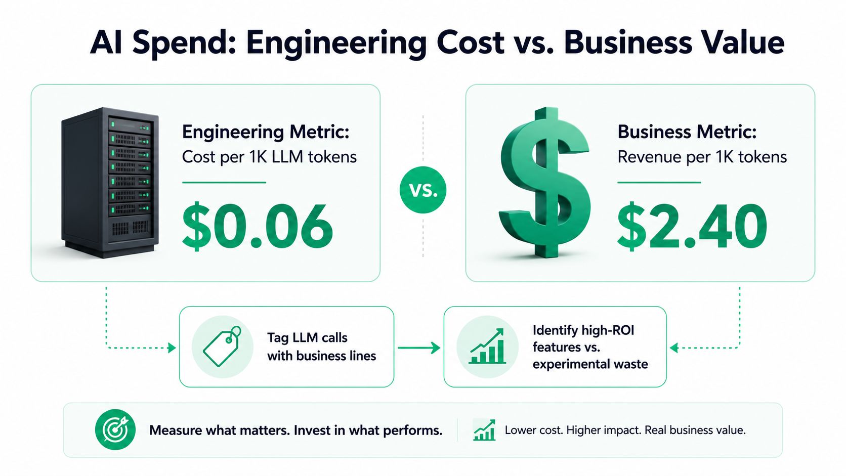 A diagram comparing engineering cost versus business value for LLM tokens, illustrating AI spend optimization strategies.