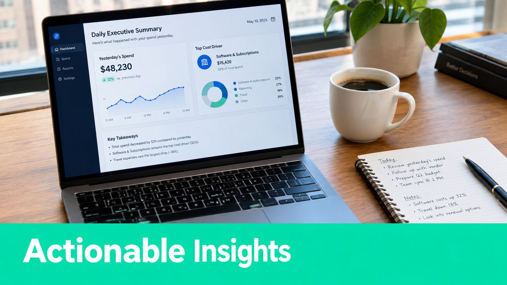 A laptop on a wooden desk displaying an AI spending tracker dashboard with charts and business insights.