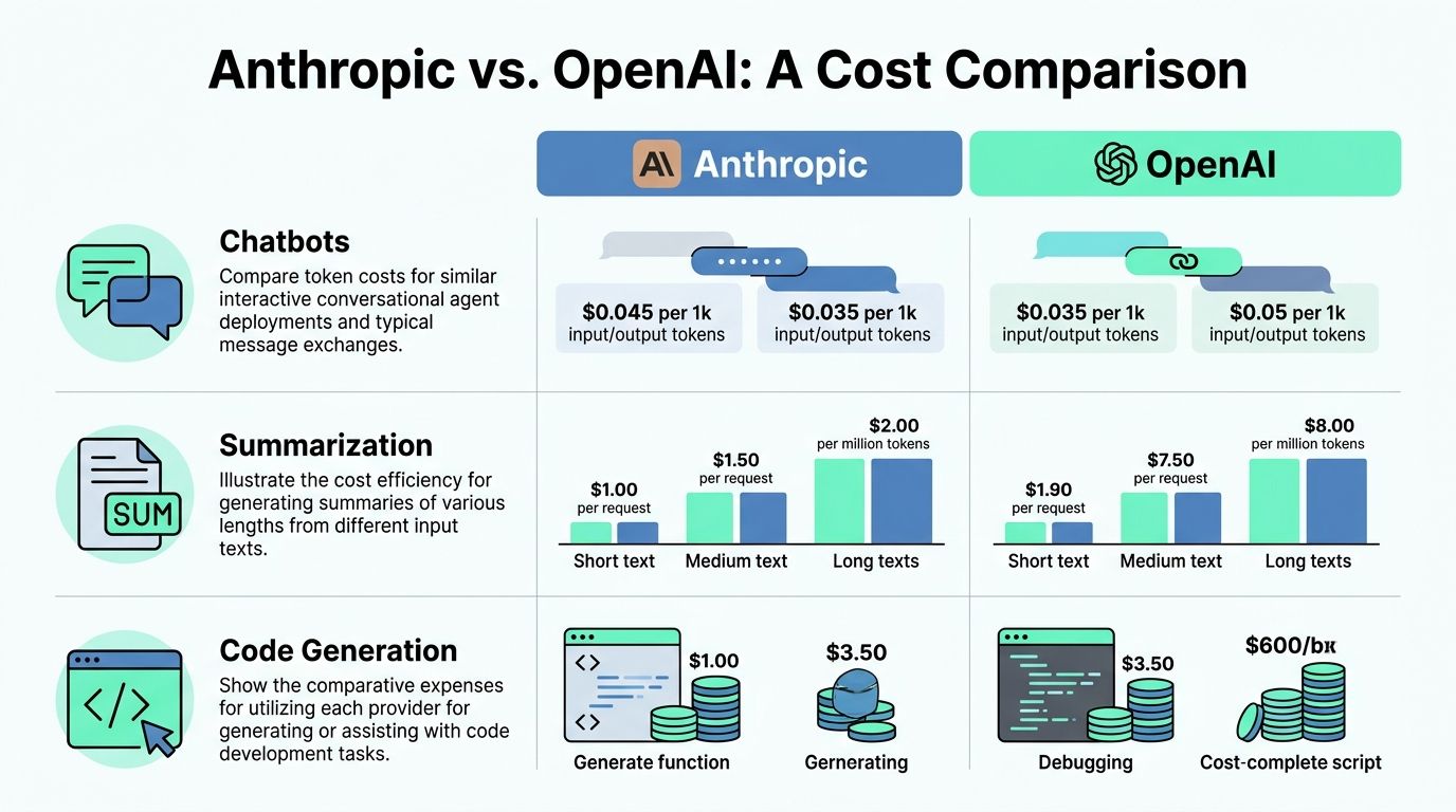 A comparison chart showing the costs of Anthropic and OpenAI for chatbots, summarization, and code generation.
