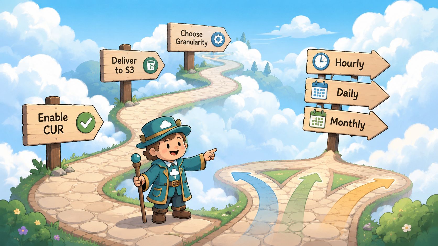 An illustration of a cartoon guide character standing on a stone path pointing toward cloud computing choices.