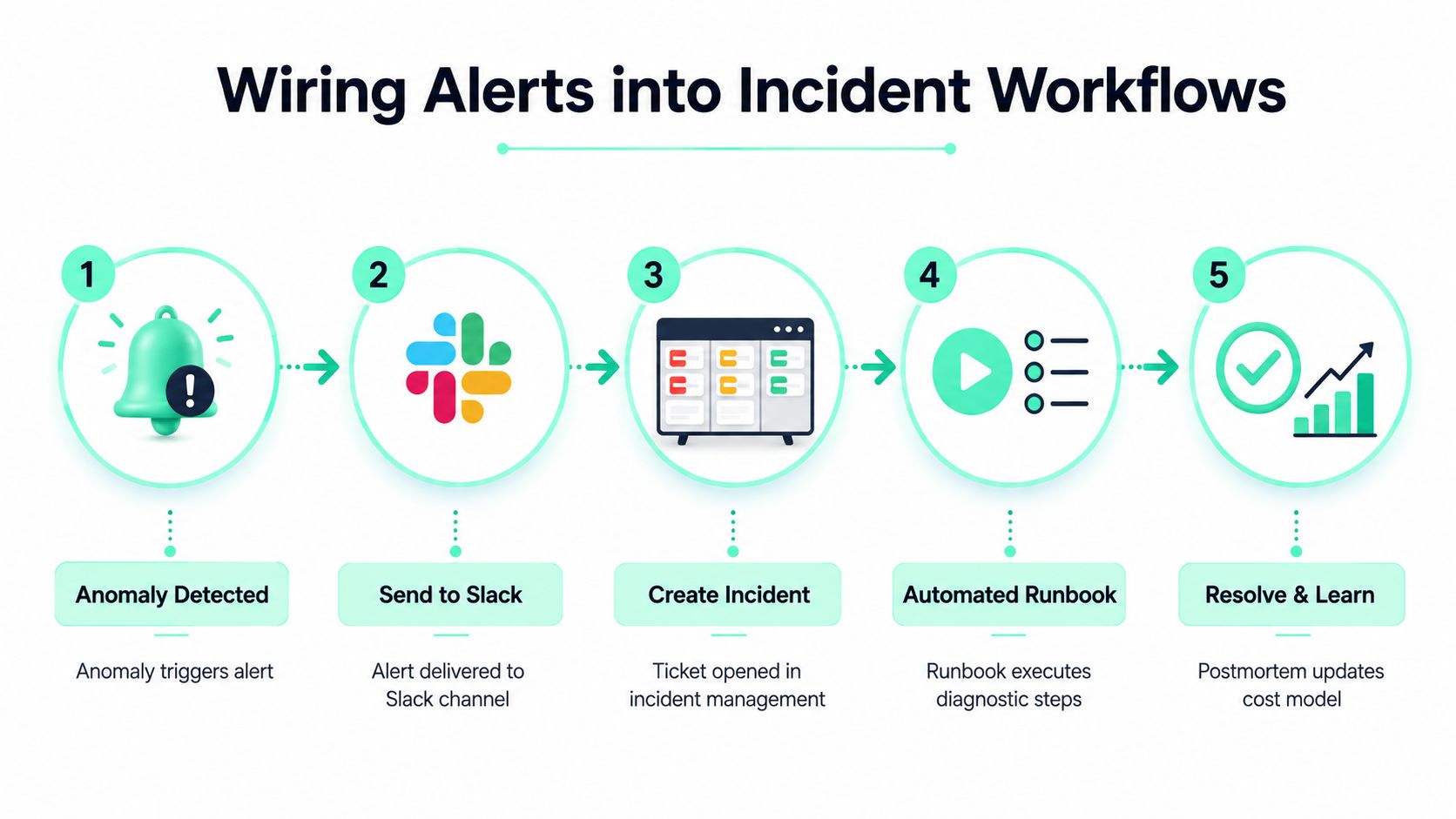 A five-step workflow diagram illustrating the automated process from detecting AWS cost anomalies to incident resolution.