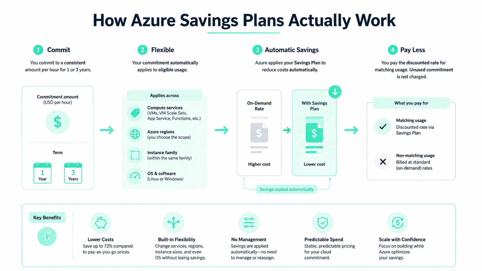 A simplified four-step infographic illustrating how Azure Savings Plans work to reduce cloud computing costs.