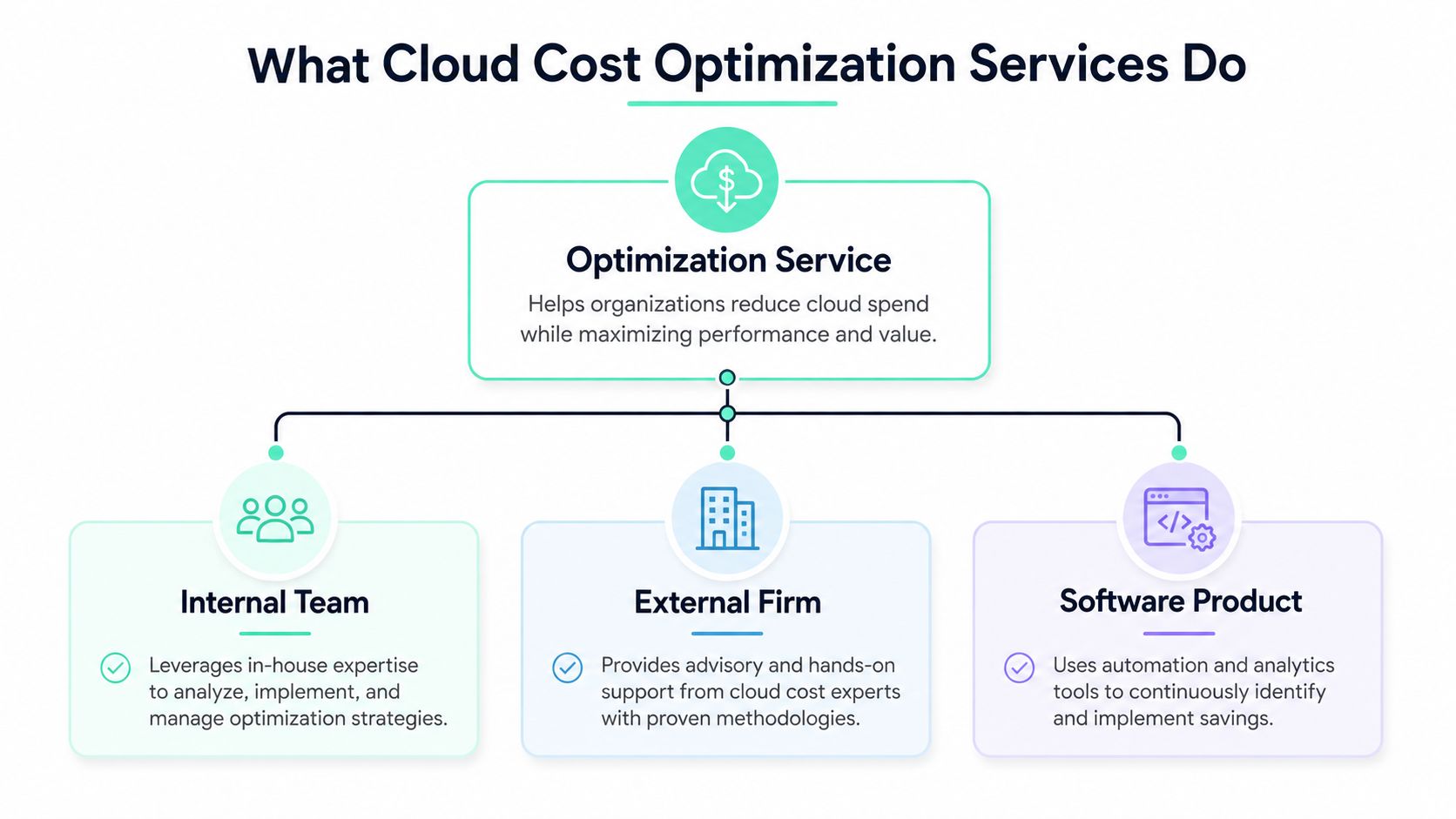 A diagram illustrating three main types of cloud cost optimization services: internal teams, external firms, and software products.