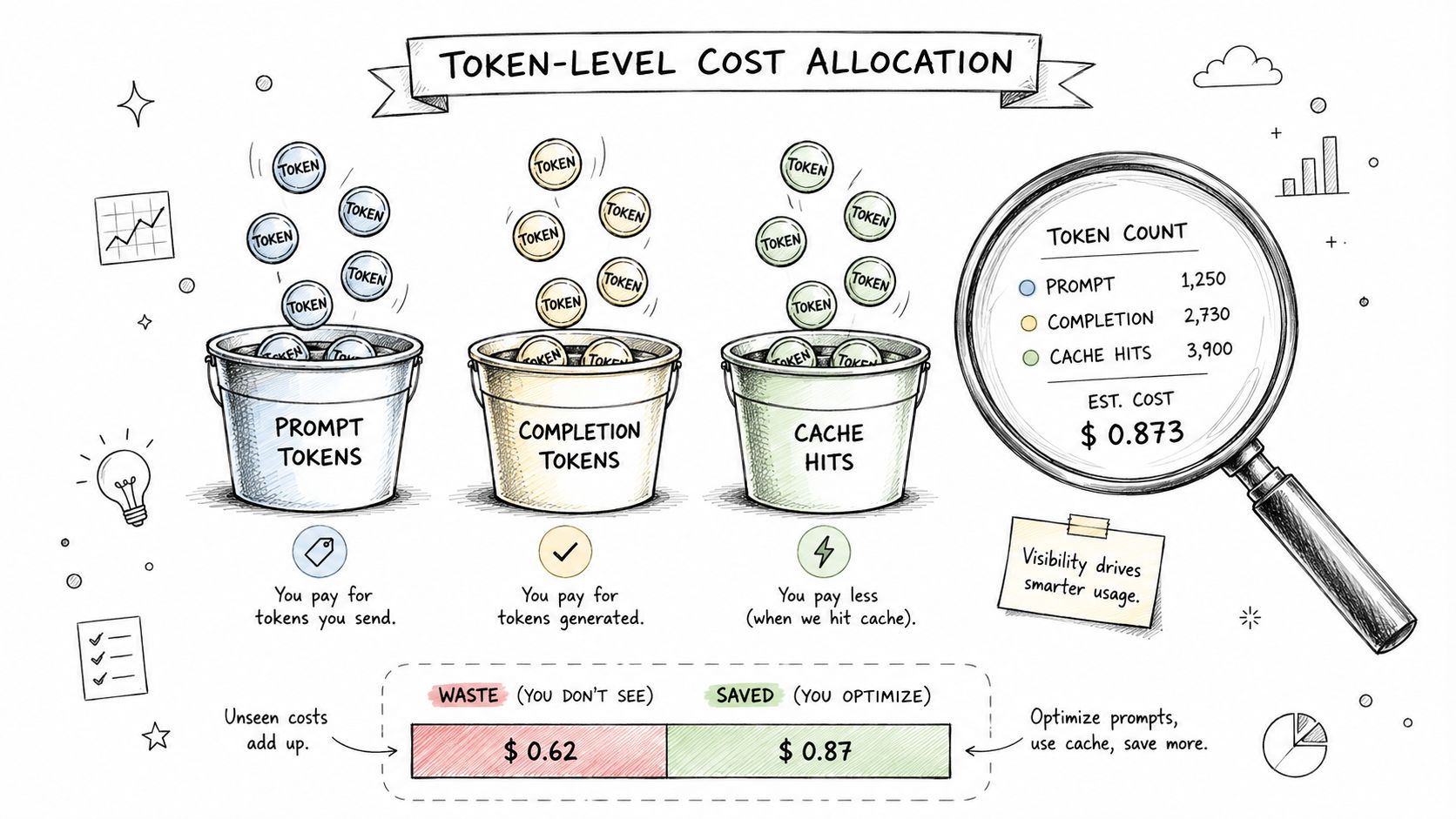 An infographic illustrating token-level cost allocation for AI models, showing buckets for prompt, completion, and cache tokens.