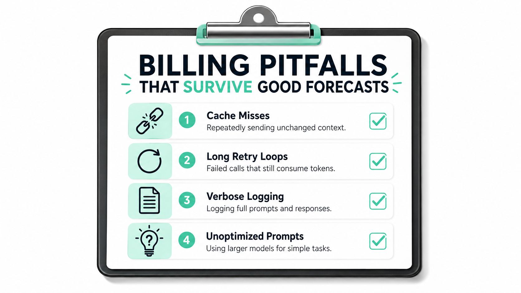 A clipboard showing four common billing pitfalls for AI APIs including cache misses and unoptimized prompts.