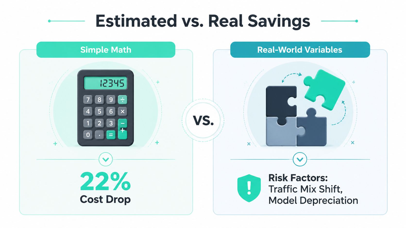 A graphic comparing simple mathematical cost savings versus complex real-world variables like traffic shifts and model depreciation.