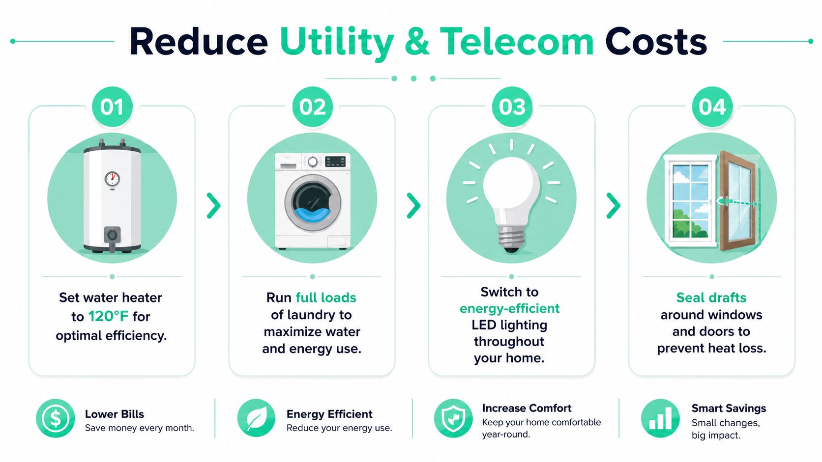 An infographic showing four steps to reduce utility costs, including water heater settings, laundry, lighting, and insulation.