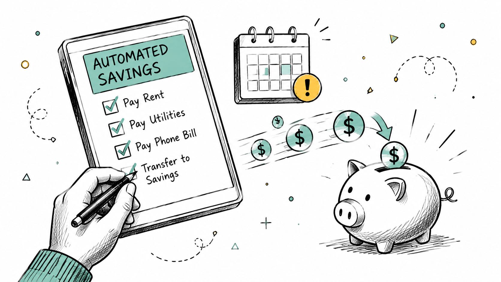 A hand checking off a list titled Automated Savings next to a piggy bank and calendar.