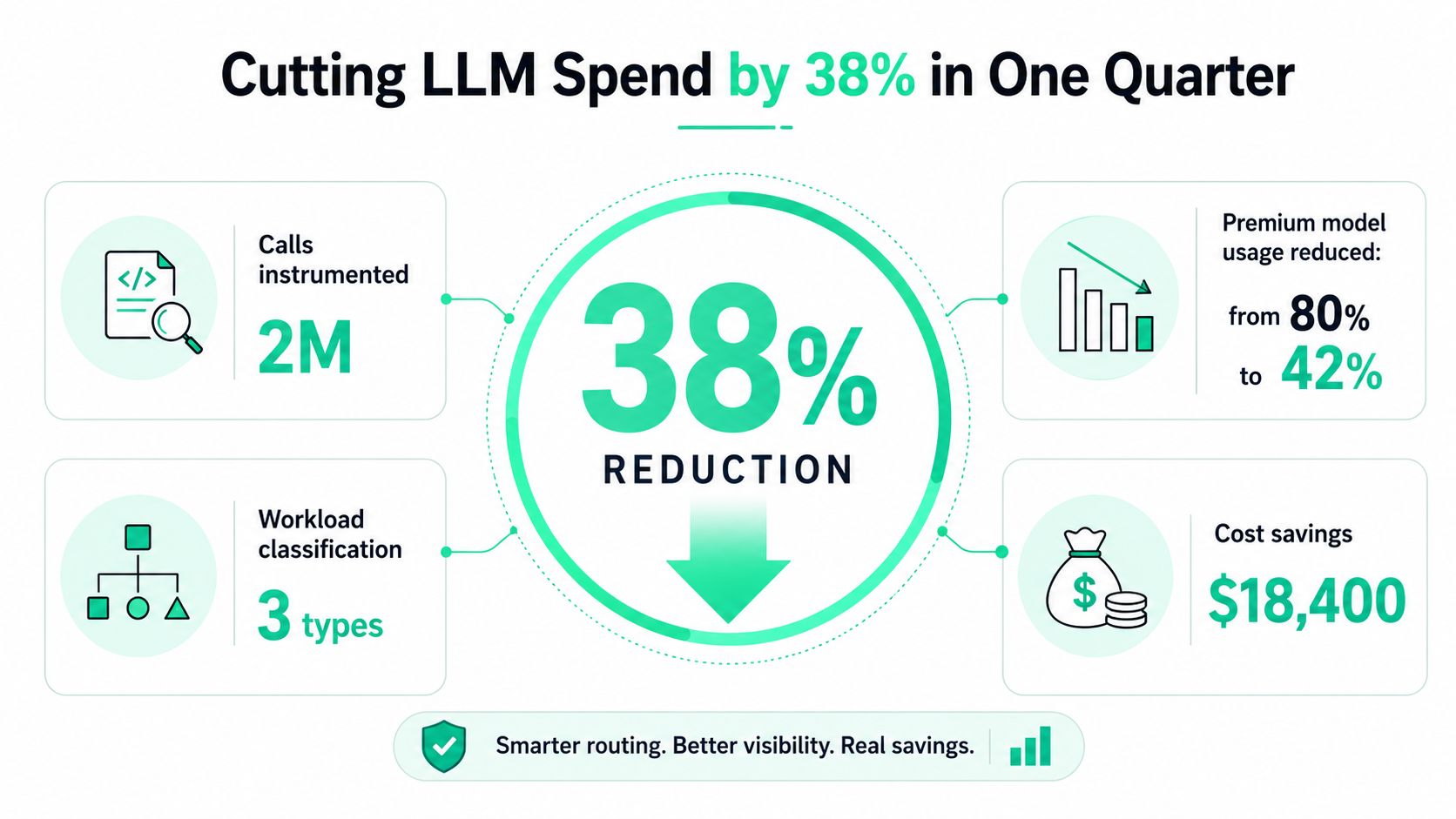An infographic showing a 38 percent reduction in LLM spending over one quarter through optimized workload management.