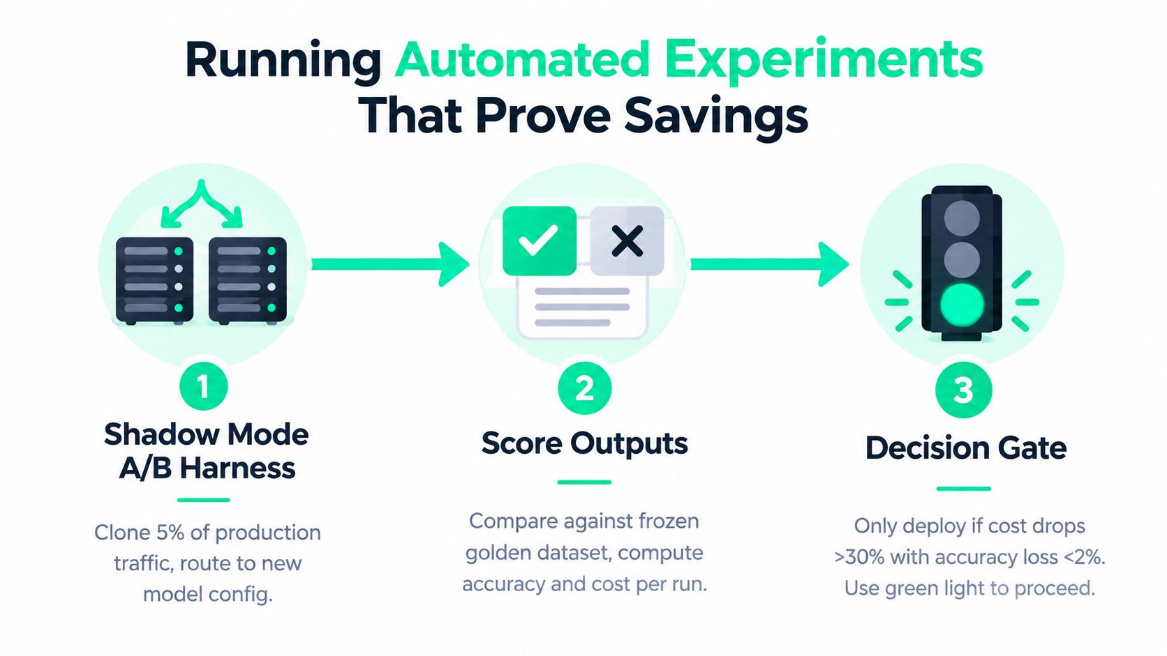 A diagram illustrating a three-step automated experiment process for testing LLM model efficiency and cost optimization.