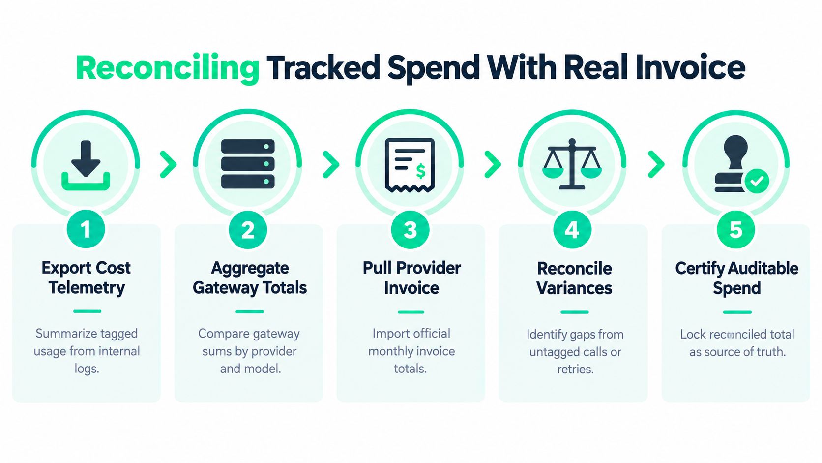 A five-step infographic showing the process of reconciling tracked LLM spend with official provider invoices.