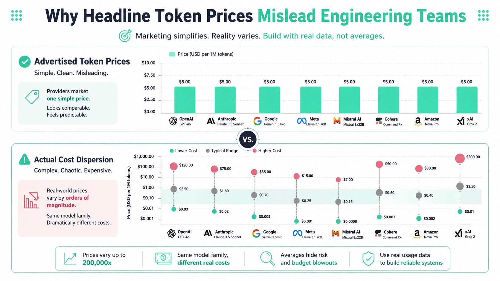 A chart illustrating how advertised LLM token prices differ significantly from actual real-world cost dispersion data.