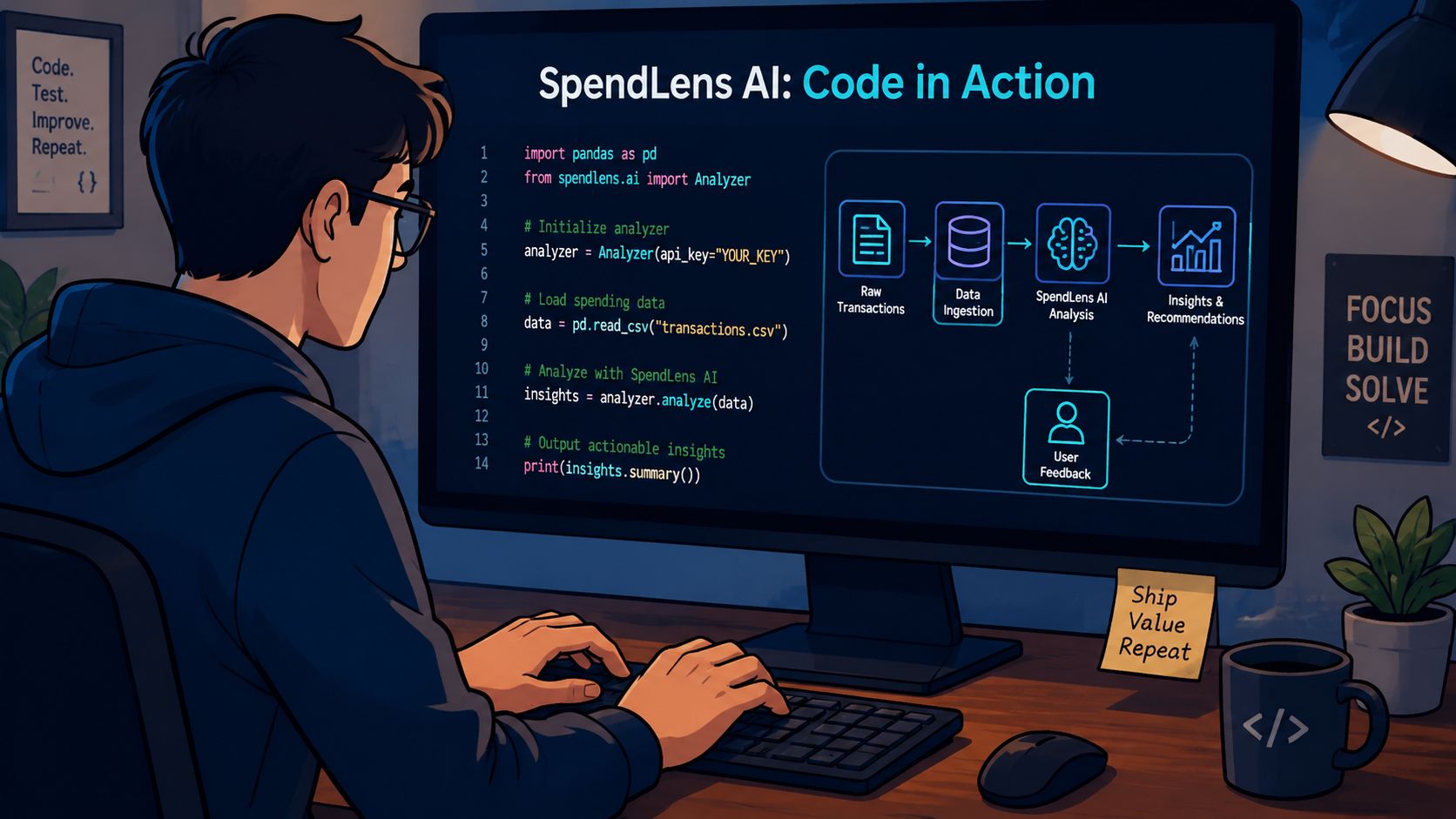 A young programmer sitting at a desk coding on a computer with a SpendLens AI diagram.