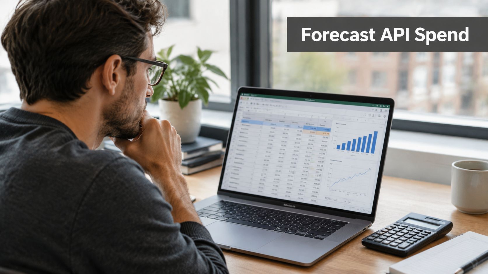 A man in a workspace looking at an API spending spreadsheet on his laptop screen.