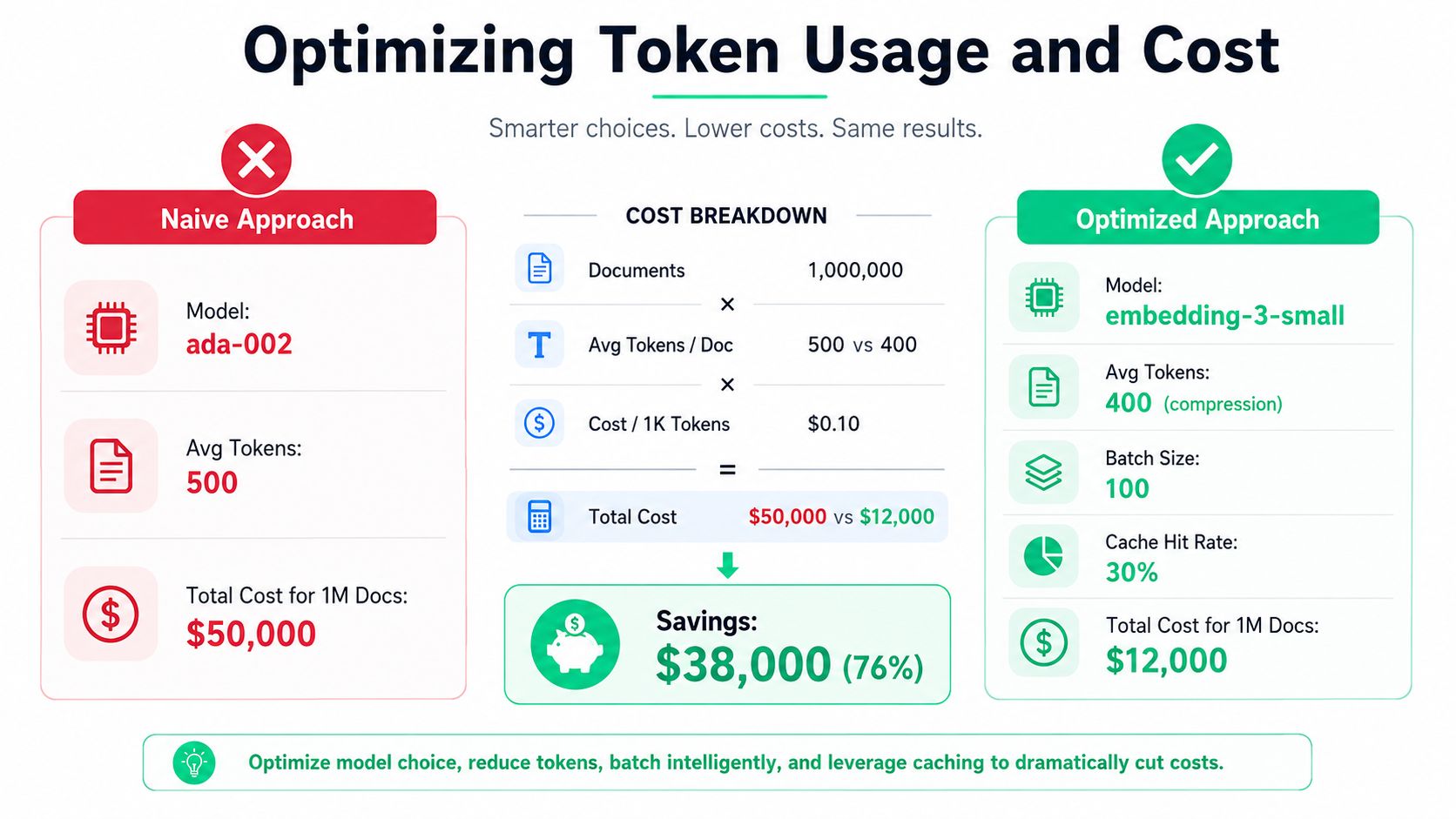 A comparison infographic showing how to reduce AI token costs by switching to optimized embedding models.