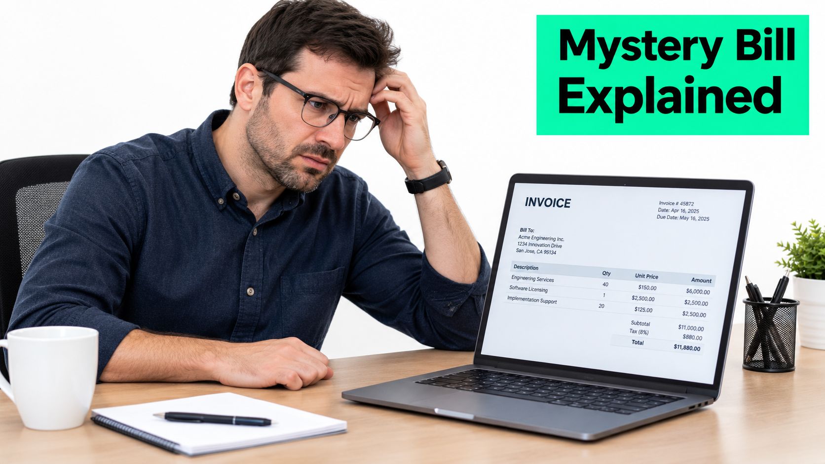 A concerned professional reviewing a business invoice on his laptop while sitting at a clean desk.