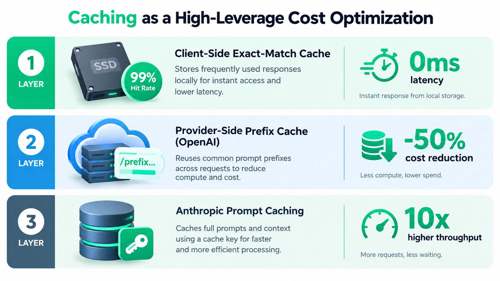 A diagram illustrating three layers of caching strategies for AI models to improve performance and reduce costs.
