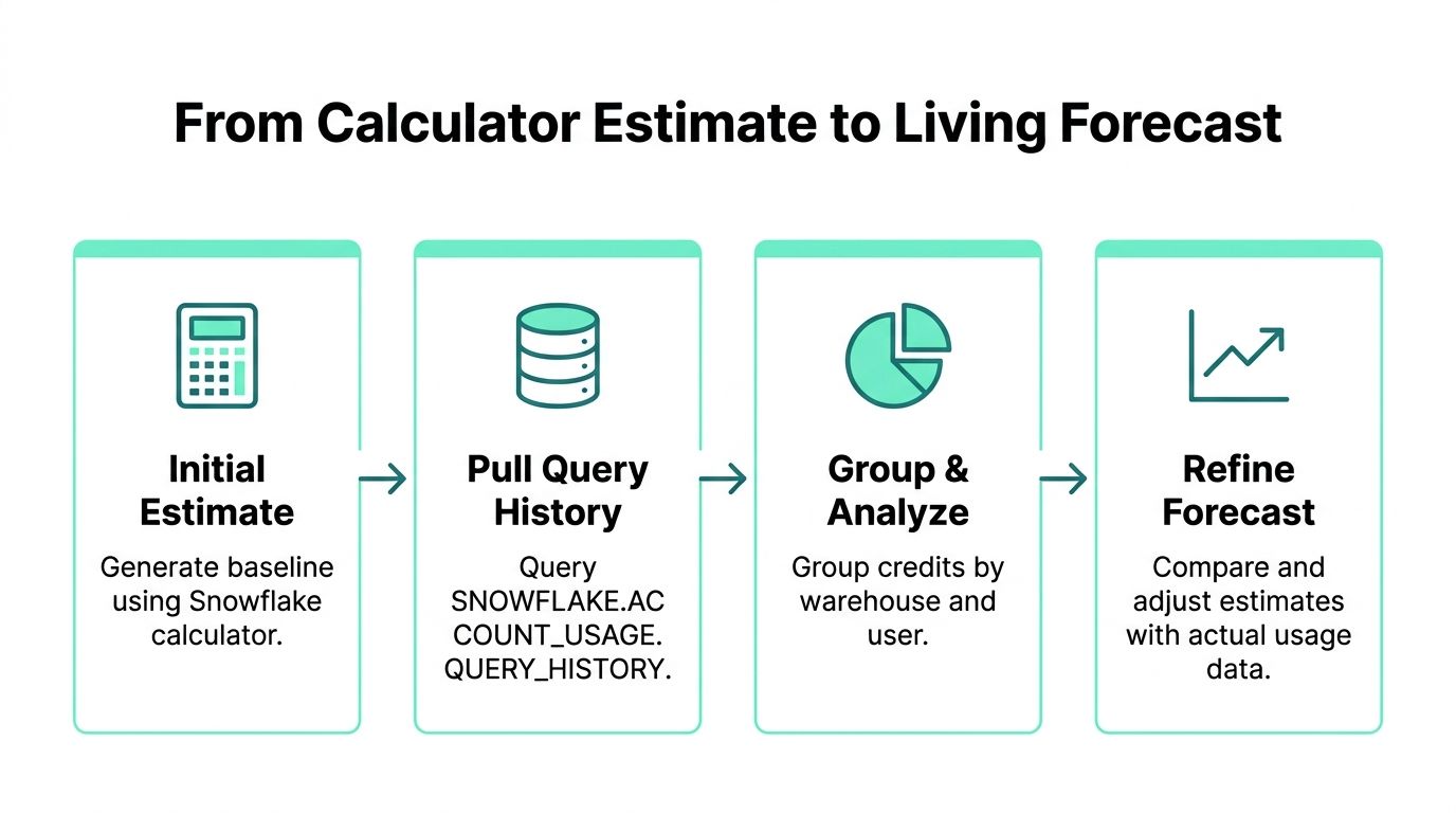 A diagram illustrating the four-step process for moving from a Snowflake calculator estimate to a living forecast.