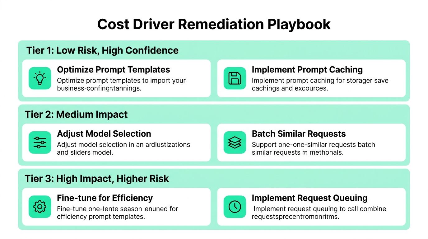 A structured flowchart titled Cost Driver Remediation Playbook detailing three tiers of strategies to optimize operational expenses.