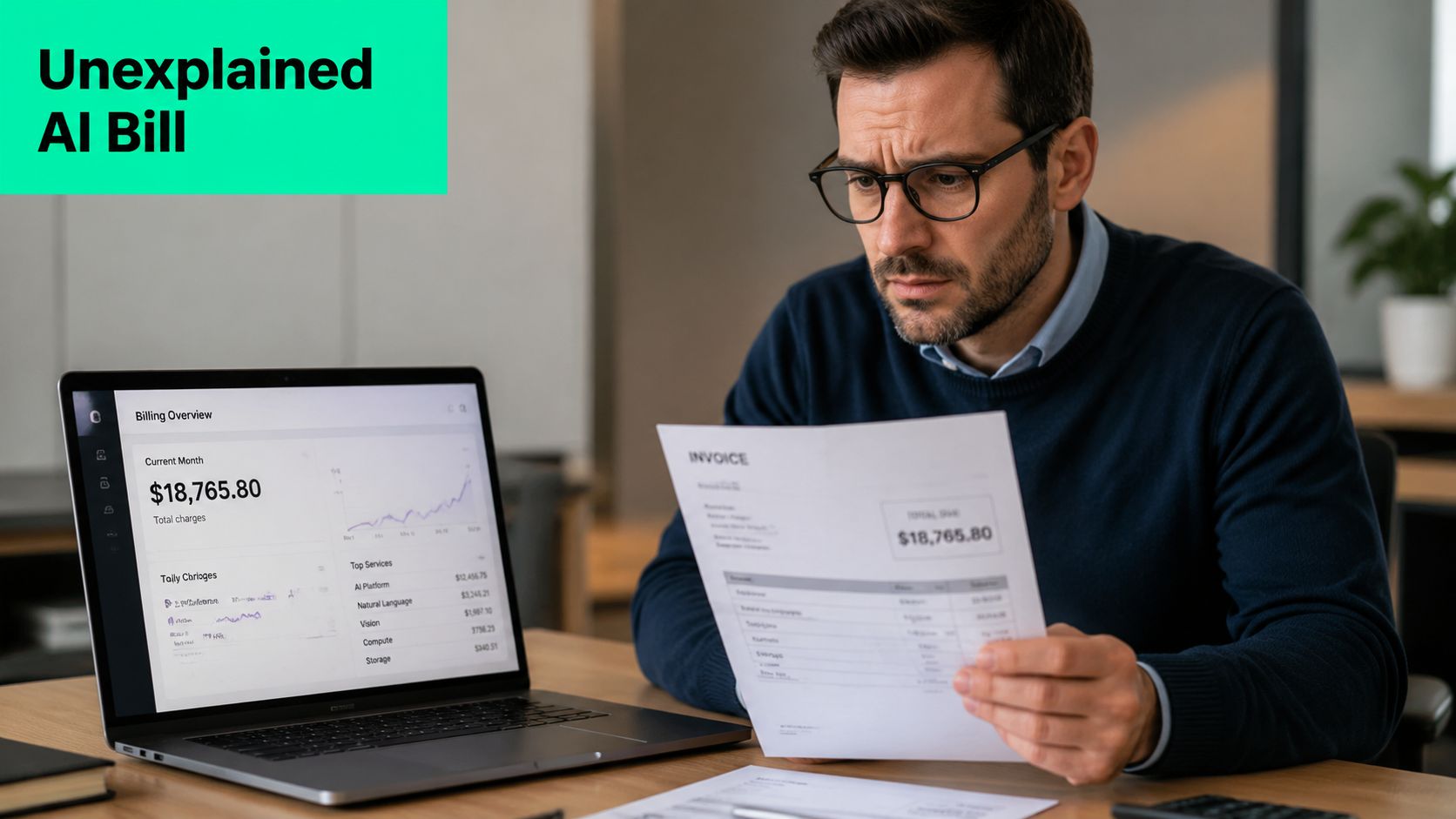 A concerned businessman reviewing a surprisingly high AI software invoice while looking at his laptop screen.